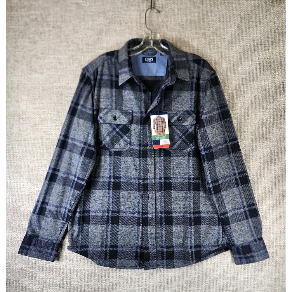 CHAPS Lakeland Flannel Shirt Mens M Navy Gray Plaid Stretch Knit Button Down NEW